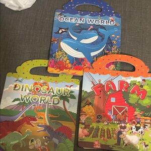 Ocean World, Dinosaur World, and Farm Kids sticker books